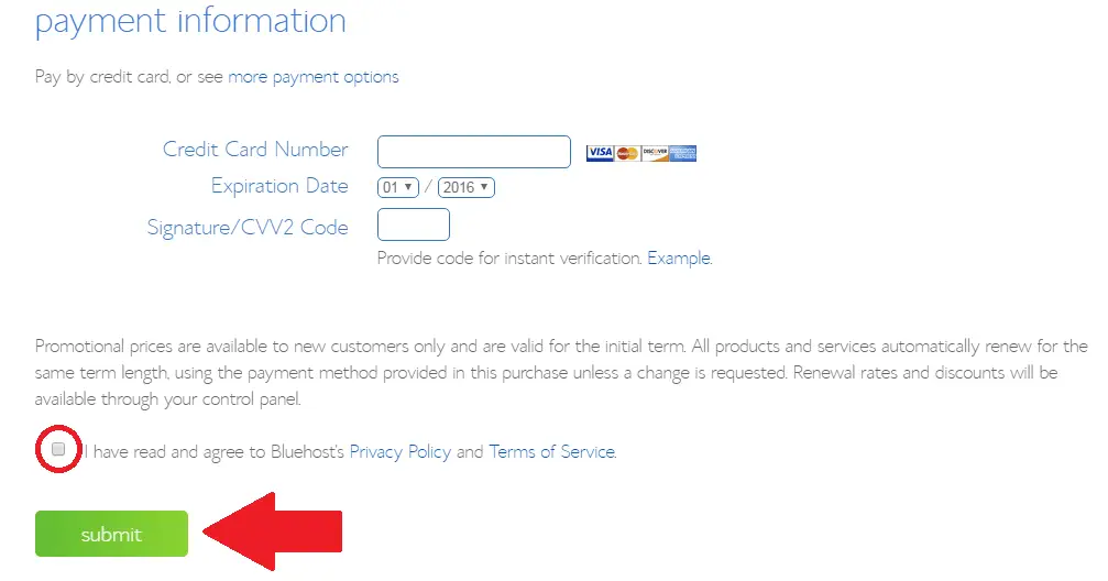 Bluehost Payment Information